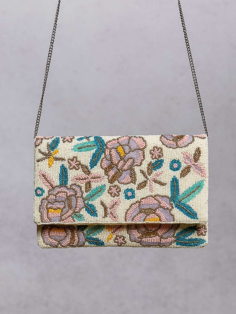 196 POL Beaded Floral Clutch in Cream with Pink & Teal Accents